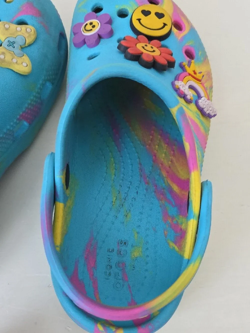 Kids Blue Tie-Dye Crocs Sandals with Smiley Flower Charms